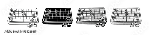 Four different stylized board game layouts with tokens are presented in a diverse set of black and white illustrations.
