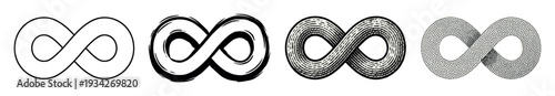 Four infinity symbols representing endlessness and continuity in various styles, perfect for design elements.