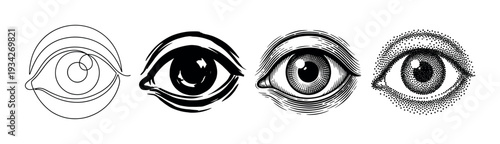 Four different stylized human eye illustrations in various artistic techniques showcasing diverse drawing styles from line art to stippling.