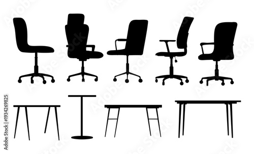 Minimalist black silhouette set of office chairs and tables arranged in two rows, showcasing various modern furniture designs isolated on transparent background.