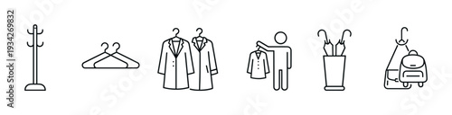 Clothing and accessory icons illustrating various wardrobe and storage elements, including hangers, coats, and bags.