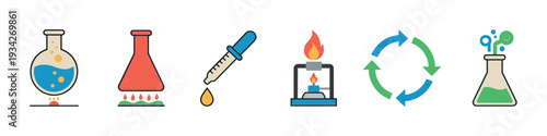 Chemistry laboratory equipment icons representing various scientific processes, experiments, and reactions in a modern flat design style.