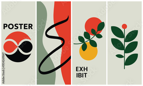 Minimalist abstract posters featuring organic shapes, bold colors, and nature motifs, creating a modern, artistic, sophisticated exhibition aesthetic, presented in bright, flat light.