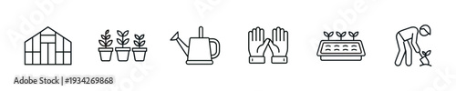 Gardening icons set illustrating essential tools and activities for cultivating plants and nurturing growth.