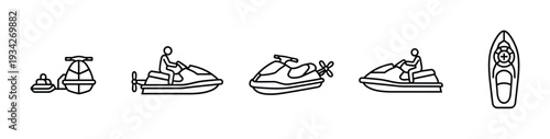 Jet ski watercraft personal water scooter icons illustrate various aspects of aquatic recreation and speed.