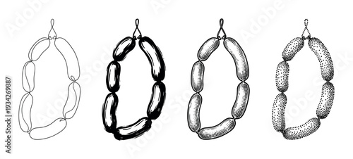 Hanging sausage chain illustration in various artistic styles, including line art, brush stroke, engraving, and stippling techniques.