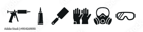 Construction tools and safety equipment icons set for various building, repair, and protection tasks, presented as simple black silhouettes.