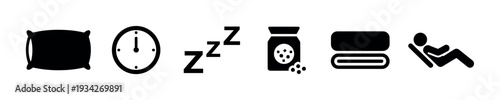 Sleep and relaxation icons set illustrating concepts of rest, bedtime, and remedies for a peaceful night.