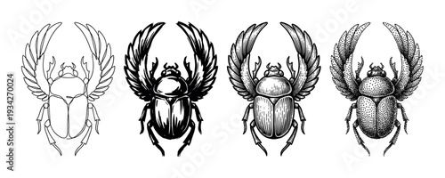 Four different stylized winged scarab beetle illustrations showcasing various artistic techniques in black and white.