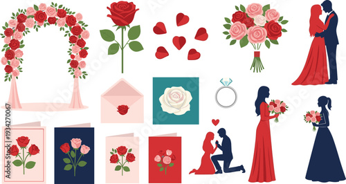 Romantic Wedding and Valentine Elements Set with Rose Bouquets, Arch, Love Couple Silhouettes and Greeting Cards Vector Illustration