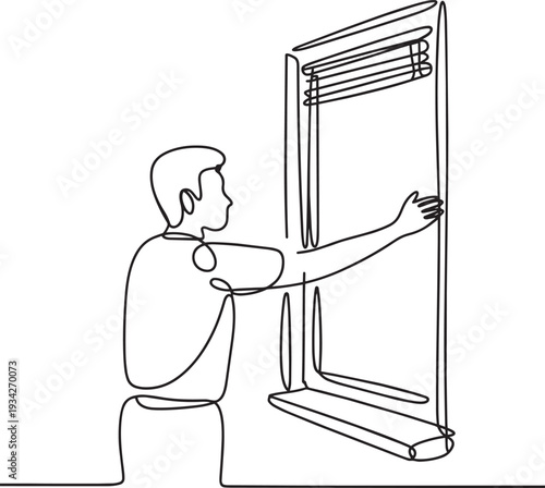 Continuous line drawing of man installing blinds on window in home interior