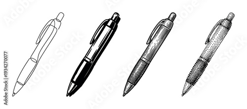 Four different artistic styles of ballpoint pen illustrations are presented together in a clean, graphic design.