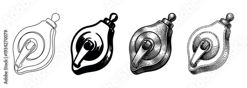 Four different plumb bob illustrations showcasing various artistic styles for construction, carpentry, and architectural design projects.