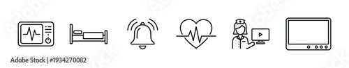 Medical healthcare hospital patient care monitoring line icons representing essential services and equipment for modern clinical environments.