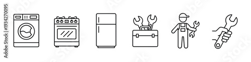 Home appliance repair and maintenance service icons featuring a washing machine, stove, refrigerator, and technician.
