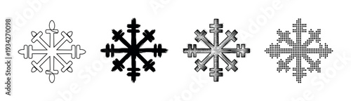 Four different stylized snowflake icons representing winter season, perfect for holiday designs and seasonal decorations.