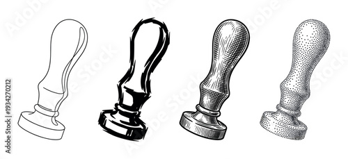 Four wax seal stamps with distinct artistic styles showcasing outline, brush, engraving, and stipple.