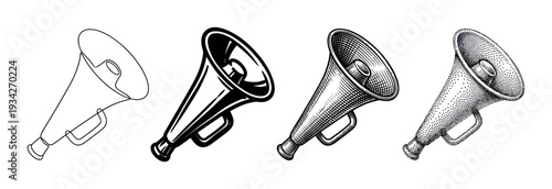 Four different styles of vintage megaphones are displayed, showcasing various artistic techniques from line art to stippling.
