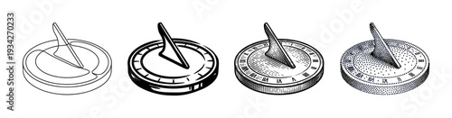 Four different sundial illustrations showcasing various artistic styles of traditional timekeeping devices and ancient clocks.