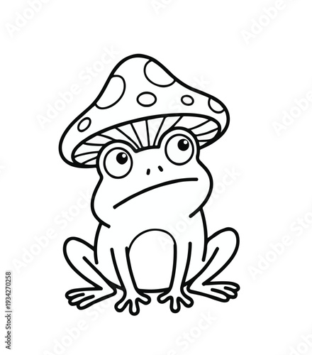 Frog wearing a mushroom cap hat line art for coloring book 