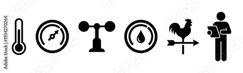 Weather forecasting icons representing various meteorological instruments and data collection for climate analysis and prediction.