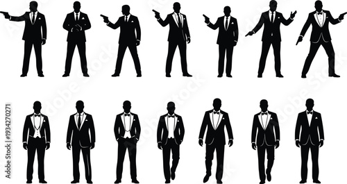 Secret agent and businessman silhouettes in suits with pistol poses, black and white spy character illustration collection