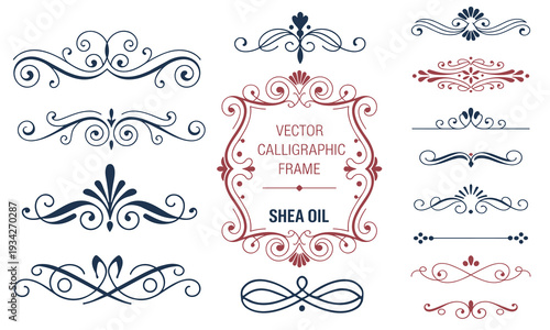 Elegant vector calligraphic elements: ornate dividers, sophisticated frames, and classic scrollwork borders for refined design, presented crisp.