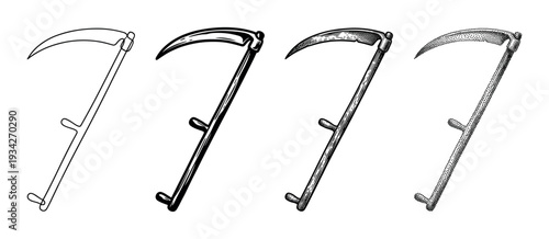 Four different styles of scythe vector illustrations showcasing outline, solid, hatched, and stippled artistic techniques for design.