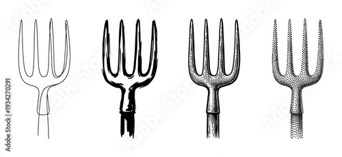 Four distinct garden fork heads depicted in diverse artistic styles including line art, brush stroke, engraving, and stippling.