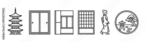 Japanese cultural icons and traditional elements set illustrating various architectural structures and a person in traditional attire.