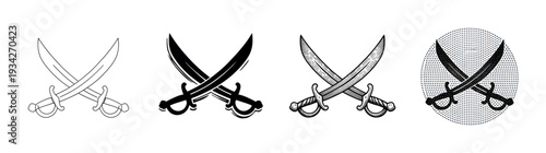 Two crossed pirate sabers in various artistic styles illustrating classic adventure and maritime themes for design.