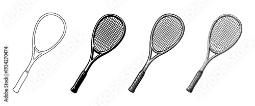Collection of tennis rackets in diverse artistic styles, perfect for sports equipment and game graphics.