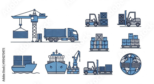 Logistics and shipping icons with cargo and vehicles.