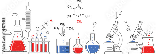 Chemistry Laboratory Equipment Set with Flasks, Test Tubes, Microscope and Chemical Formula Elements for Science Research Vector Illustration