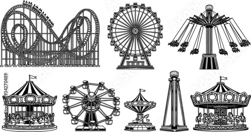 Amusement Park Ride Silhouette Set with Roller Coaster, Ferris Wheel, Carousel and Swing Attraction Outline Vector Illustration