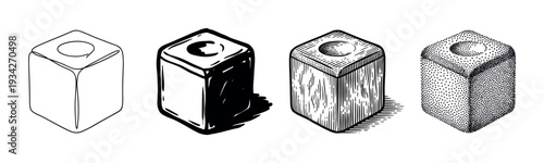 Four different stylized square blocks with a circular indentation on top, showcasing various artistic drawing techniques.