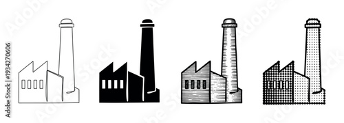 Industrial factory building illustrations present a collection of graphic styles for manufacturing and production concepts.