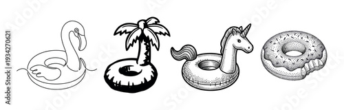 Charming collection of diverse inflatable pool floats, featuring a flamingo, palm tree, unicorn, and a sweet bitten donut illustration.