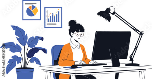 Business Woman Working at Computer Desk with Analytics Charts, Office Workplace Scene for Data Analysis and Remote Work Vector Illustration