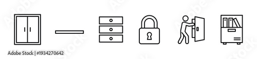 Various line icons representing storage, security, and access solutions for home and office environments.