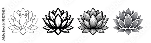 Four distinct lotus flower illustrations showcasing diverse artistic styles and techniques, from line art to stippling.