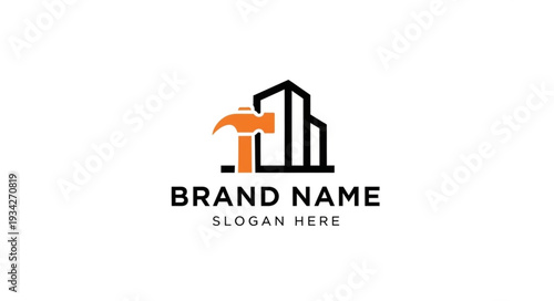 Construction Company Logo Template with Hammer and Building.
