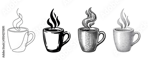 Four steaming coffee cups in diverse artistic styles, including continuous line and stippling, are illustrated.