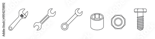 Wrenches, nuts, bolts, and sockets outline icons are perfect for engineering, construction, and repair projects.