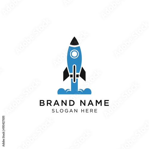Blue Rocket Logo Design Template with Placeholder Text.