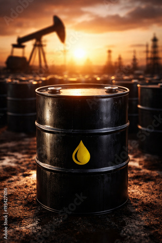 Black Oil Barrel at Sunset with Pumpjack in Background