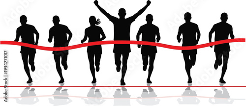 Silhouette marathon runners crossing finish line with red ribbon, victory celebration concept for competition, fitness, endurance race and success achievement