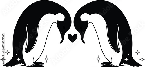 Black and white silhouette illustration of two penguins in love with a heart and sparkling stars for romantic winter design