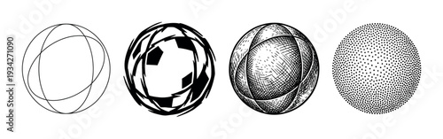 Four abstract geometric spheres are depicted in diverse artistic styles, showcasing different rendering techniques.