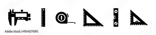 Various black silhouette measuring tools and instruments for precision work and accurate construction projects